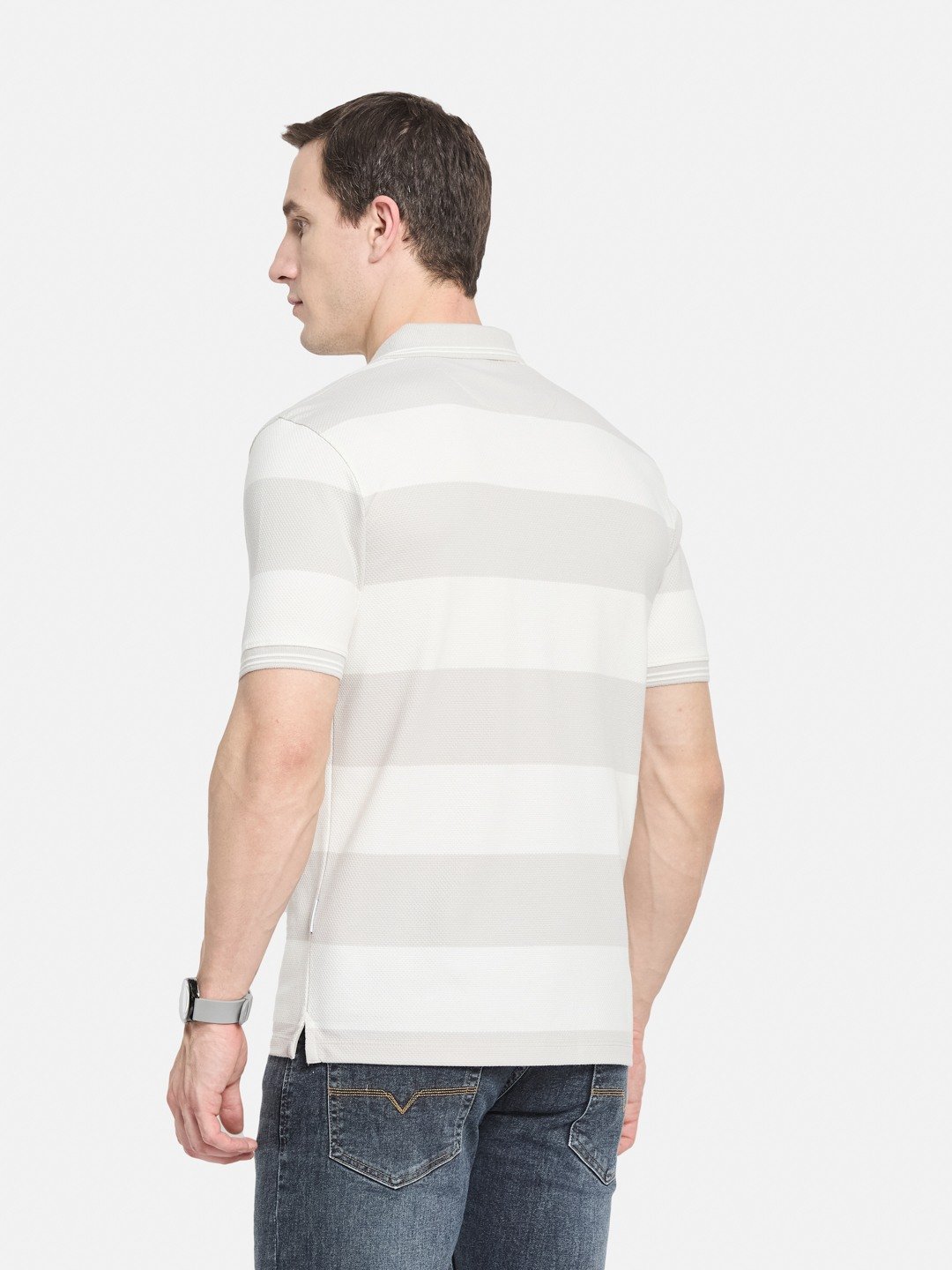 HORIZONTAL STRIPE POLO NECK POPCORN KNIT LYCRA  T-SHIRT