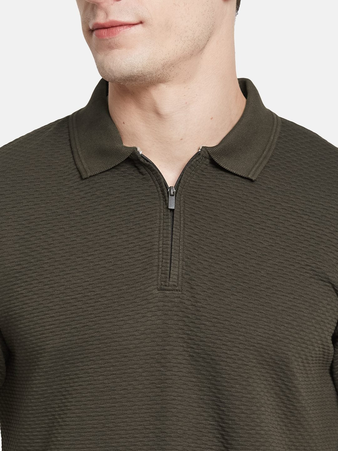 STRUCTURE HALF-ZIP POLO NECK POPCORN KNIT  T-SHIRT