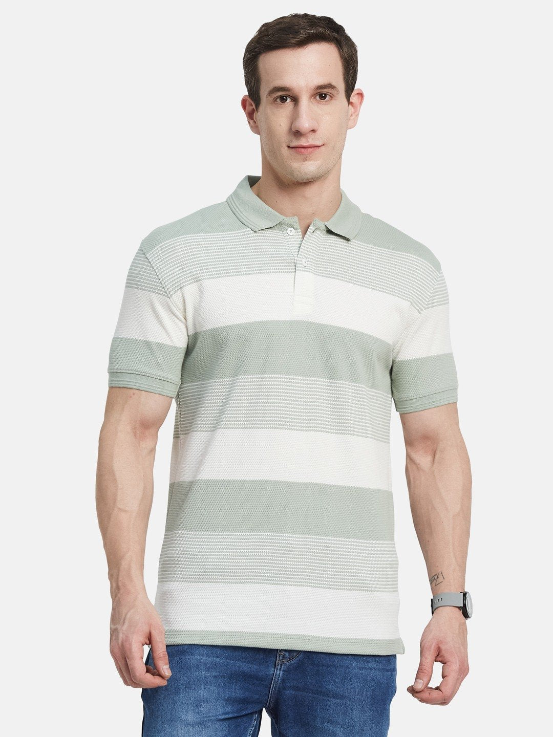 HORIZONTAL STRIPE POLO NECK POPCORN KNIT   T-SHIRT