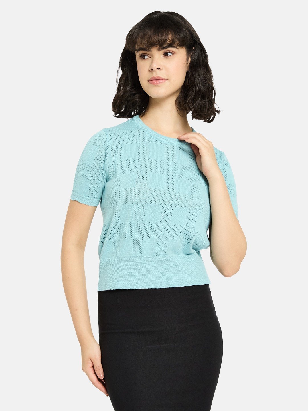 METTLE Women Checked Round Neck Cotton T-shirt