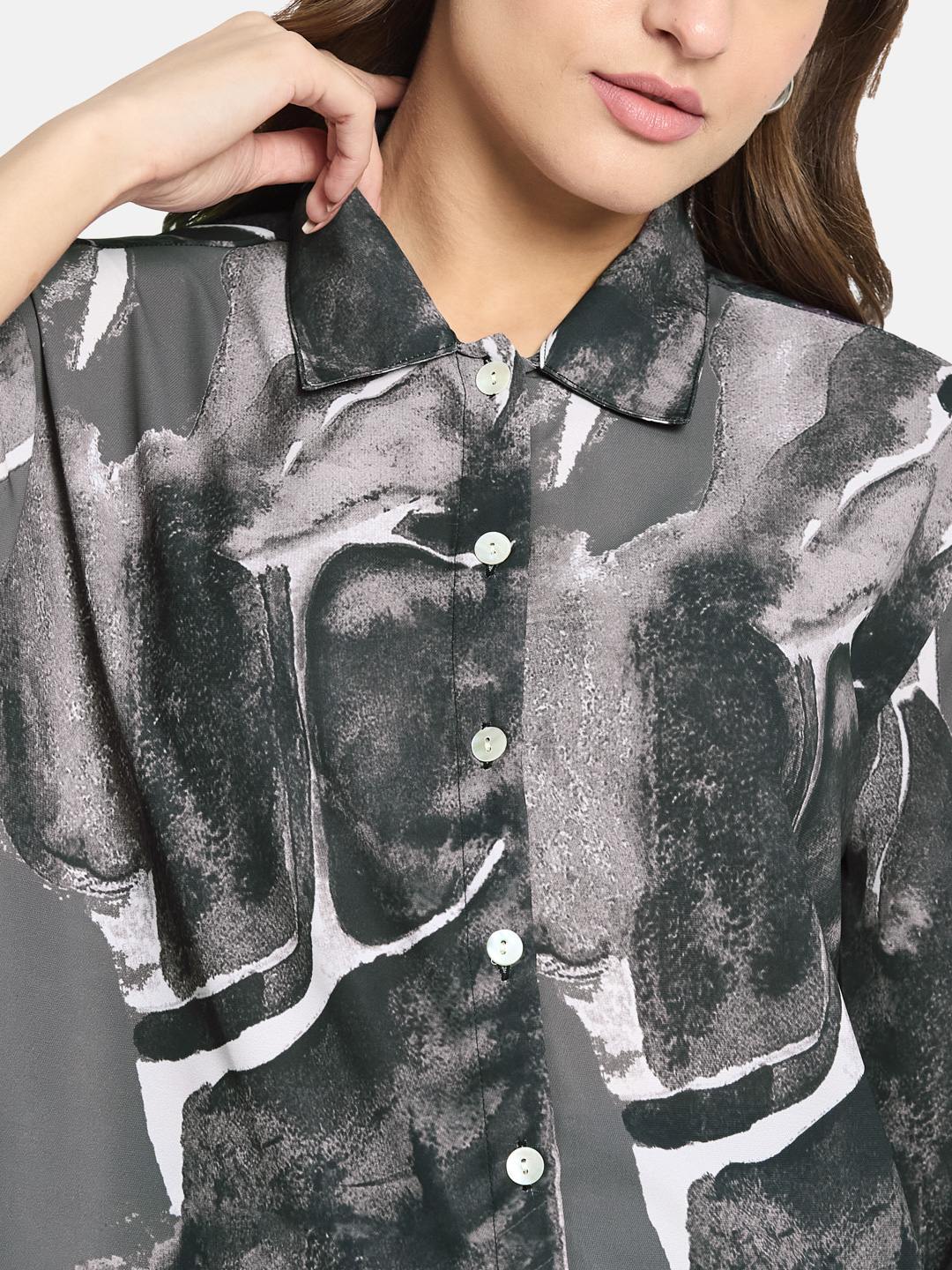 METTLE ss25 Women Charcoal Abstract Printed Cuffed Sleeves Cotton Shirt Style Top
