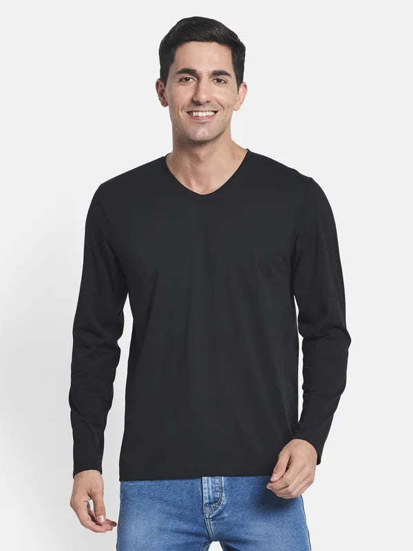 Men Black Solid V-Neck Full Sleeve T-Shirt