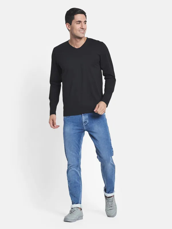 Men Black Solid V-Neck Full Sleeve T-Shirt