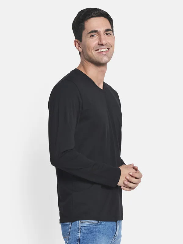 Men Black Solid V-Neck Full Sleeve T-Shirt