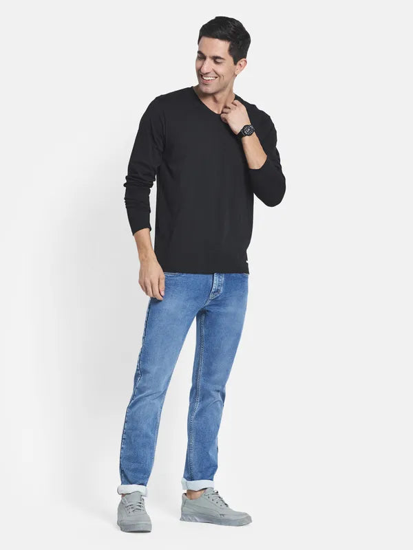 Men Black Solid V-Neck Full Sleeve T-Shirt