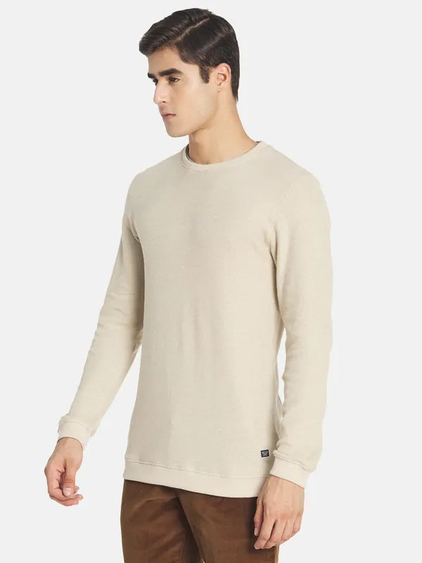 Mettle Men Cream-Coloured Drop-Shoulder Sleeves Raw Edge T-Shirt