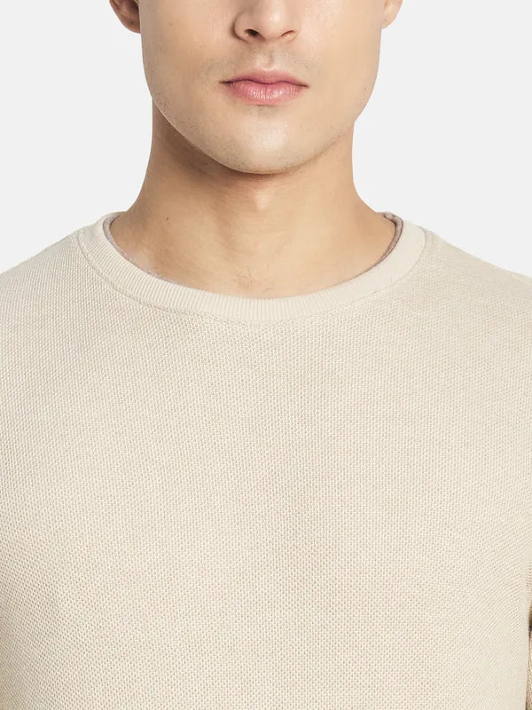 Mettle Men Cream-Coloured Drop-Shoulder Sleeves Raw Edge T-Shirt