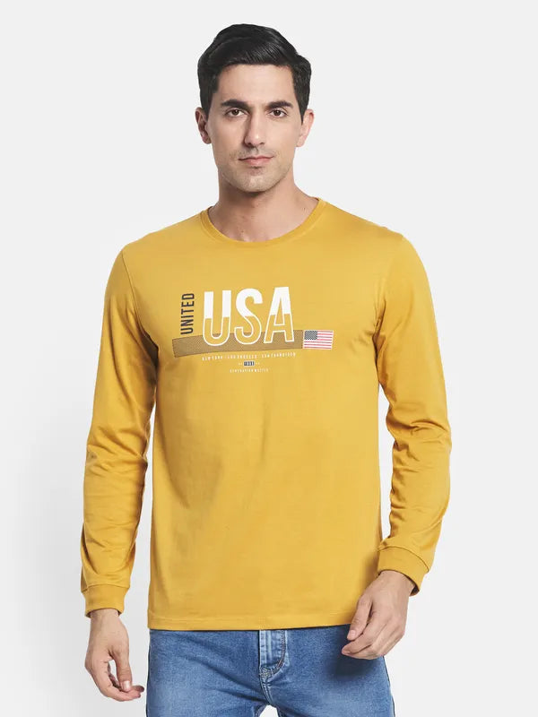 Men Yellow Typography Printed Applique Long Sleeves T-Shirt