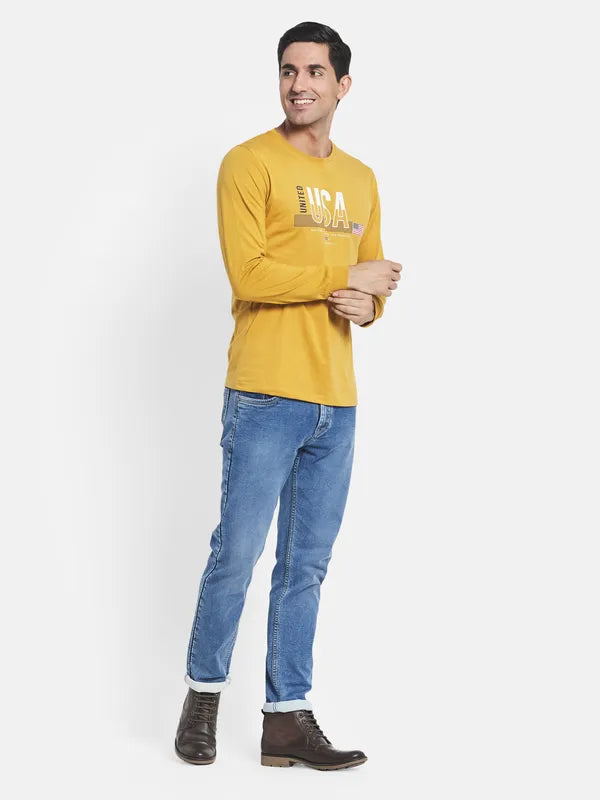 Men Yellow Typography Printed Applique Long Sleeves T-Shirt