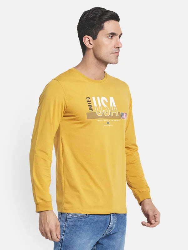 Men Yellow Typography Printed Applique Long Sleeves T-Shirt