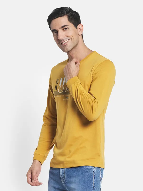 Men Yellow Typography Printed Applique Long Sleeves T-Shirt