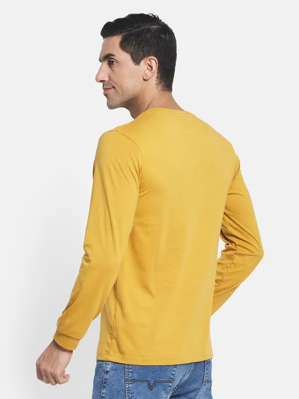 Men Yellow Typography Printed Applique Long Sleeves T-Shirt