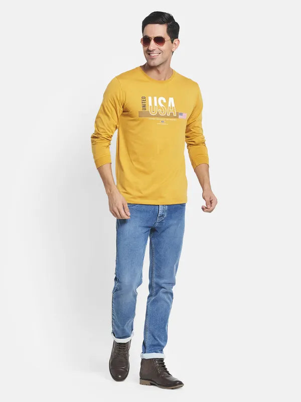 Men Yellow Typography Printed Applique Long Sleeves T-Shirt