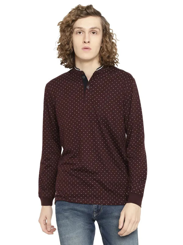 Mettle Men Maroon Printed Mandarin Collar T-Shirt