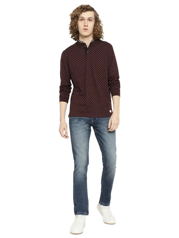 Mettle Men Maroon Printed Mandarin Collar T-Shirt