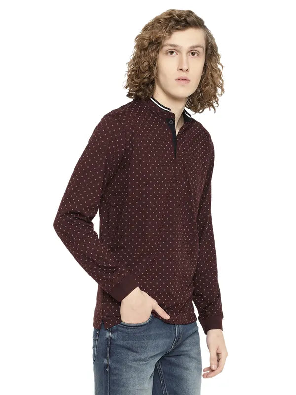 Mettle Men Maroon Printed Mandarin Collar T-Shirt