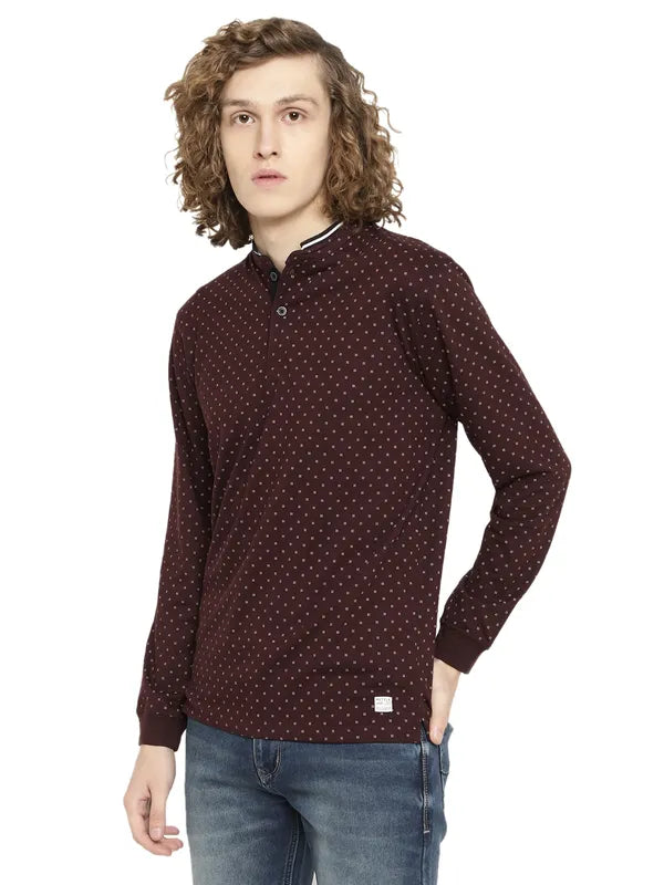 Mettle Men Maroon Printed Mandarin Collar T-Shirt