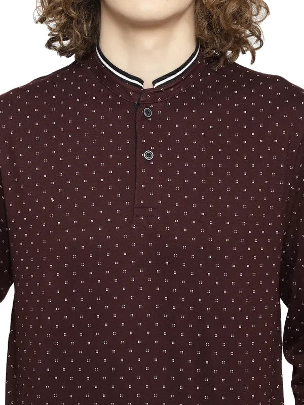 Mettle Men Maroon Printed Mandarin Collar T-Shirt