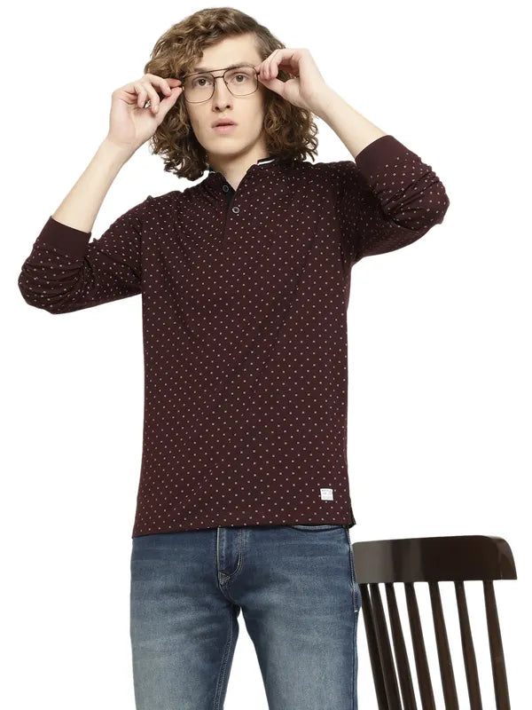 Mettle Men Maroon Printed Mandarin Collar T-Shirt