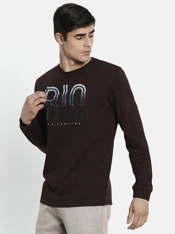 Men Maroon Blue Typography T-Shirt