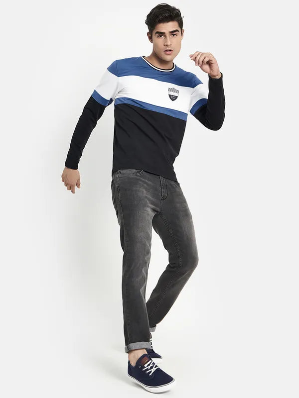 Men Blue Colourblocked Applique T-Shirt