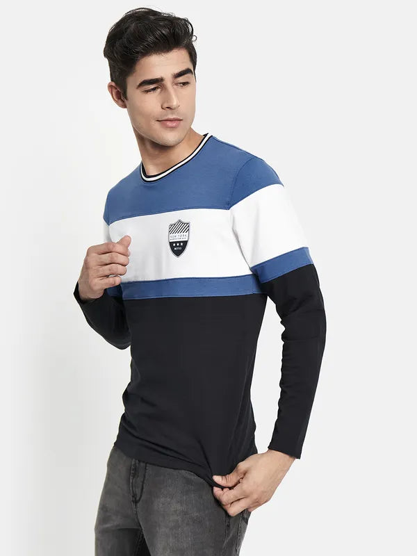 Men Blue Colourblocked Applique T-Shirt