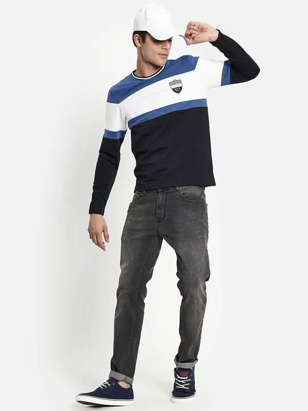 Men Blue Colourblocked Applique T-Shirt