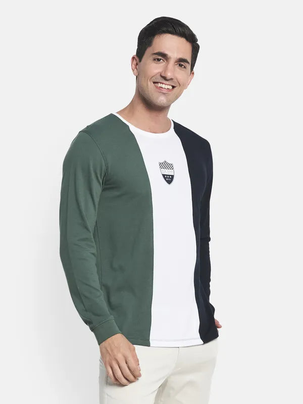 Men Olive Green White Colorblocked T-Shirt