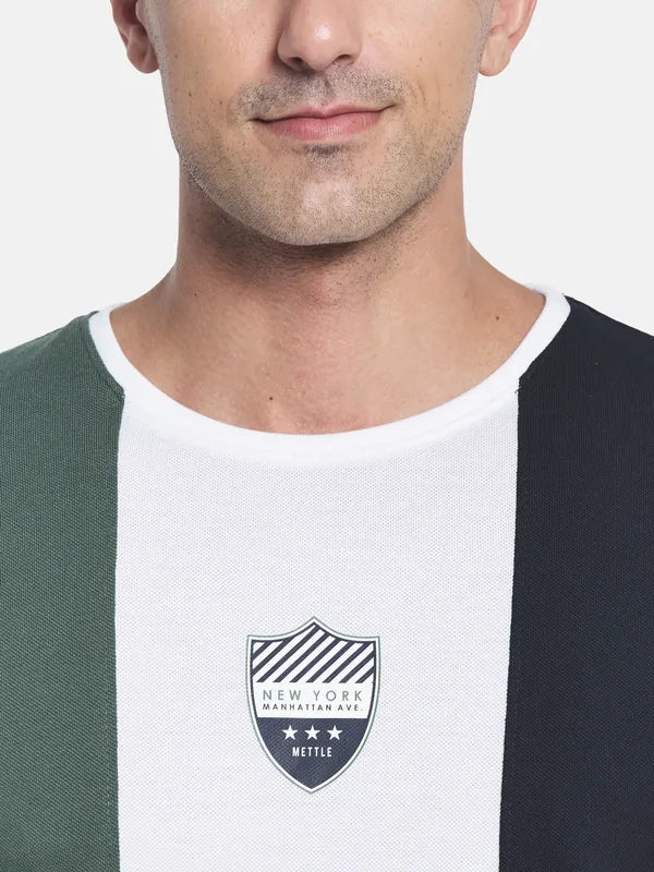 Men Olive Green White Colorblocked T-Shirt