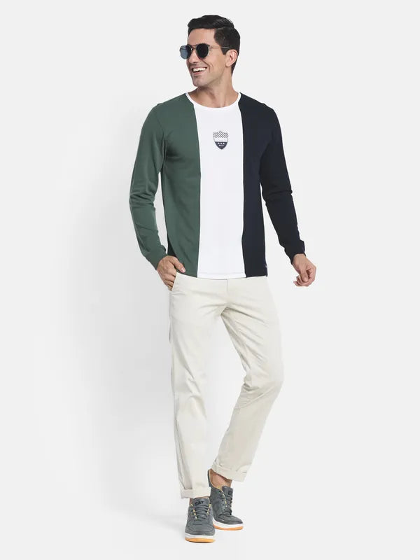 Men Olive Green White Colorblocked T-Shirt