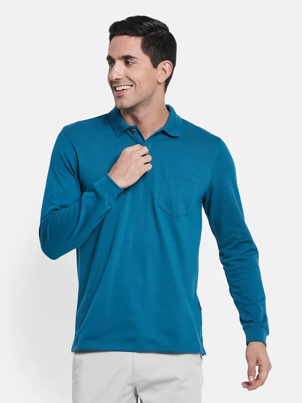 Men Blue Solid Cotton Polo Collar T-Shirt