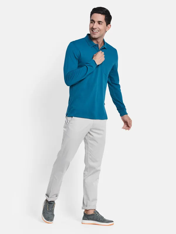 Men Blue Solid Cotton Polo Collar T-Shirt