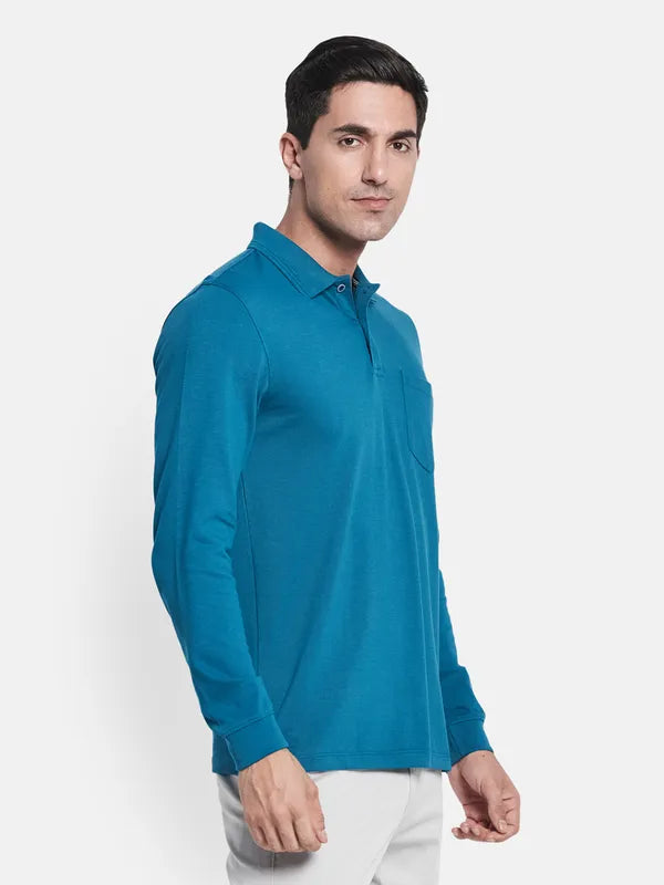 Men Blue Solid Cotton Polo Collar T-Shirt