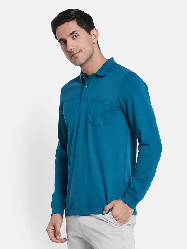 Men Blue Solid Cotton Polo Collar T-Shirt