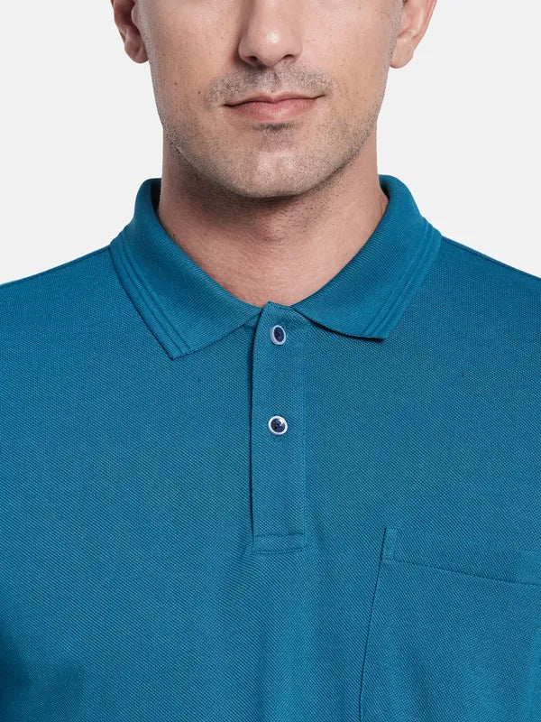 Men Blue Solid Cotton Polo Collar T-Shirt