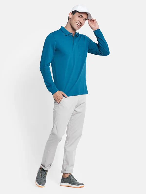 Men Blue Solid Cotton Polo Collar T-Shirt