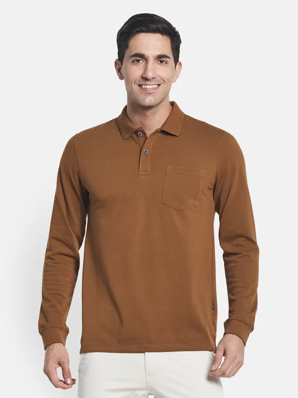 Men Brown Solid Polo Collar T-Shirt