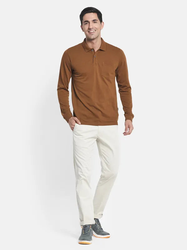 Men Brown Solid Polo Collar T-Shirt