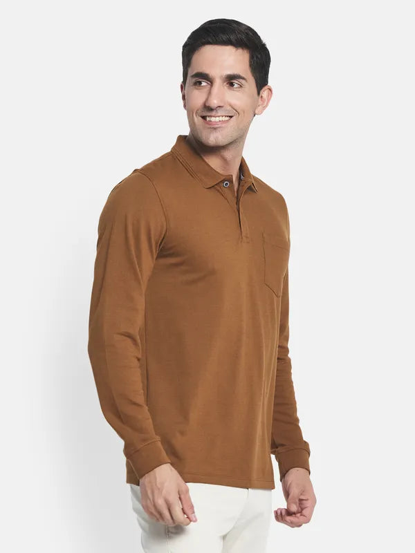 Men Brown Solid Polo Collar T-Shirt