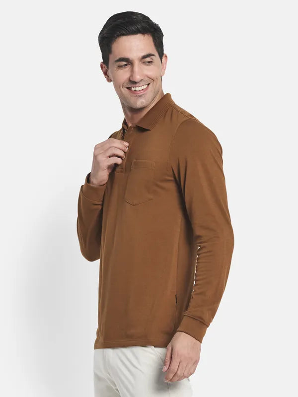 Men Brown Solid Polo Collar T-Shirt