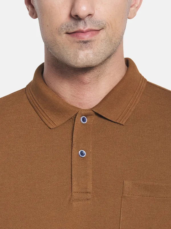 Men Brown Solid Polo Collar T-Shirt