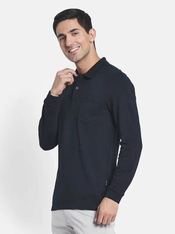 Men Navy Blue Polo Collar T-Shirt