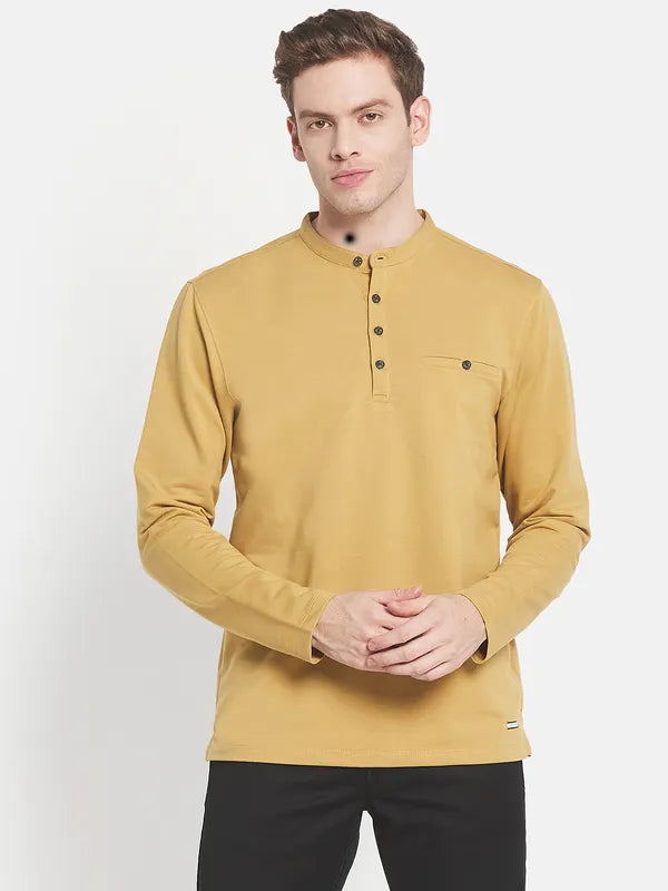 Men Yellow Mandarin Collar T-Shirt