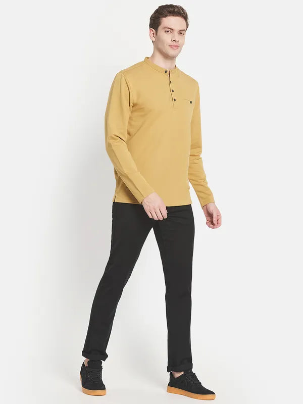 Men Yellow Mandarin Collar T-Shirt