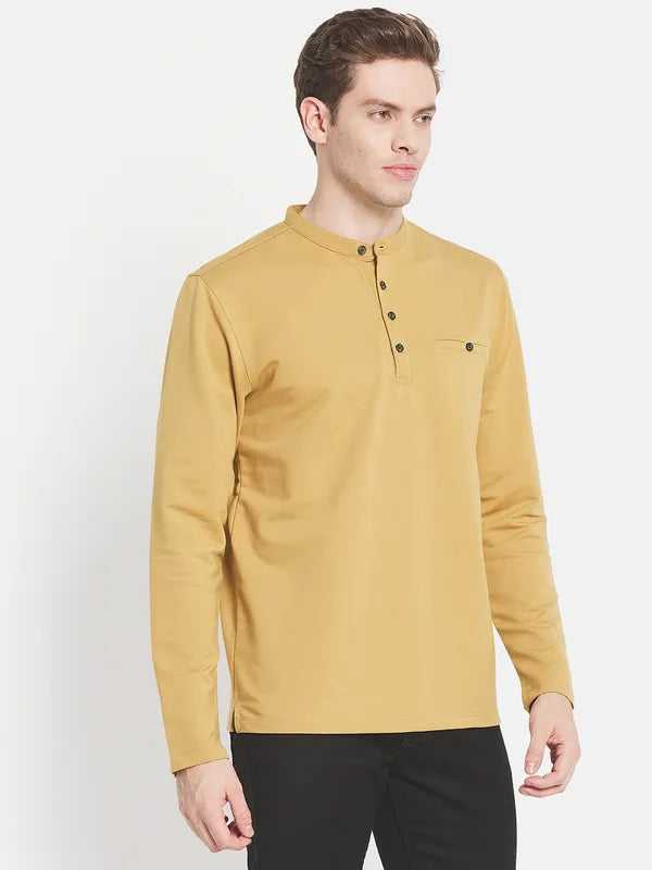 Men Yellow Mandarin Collar T-Shirt