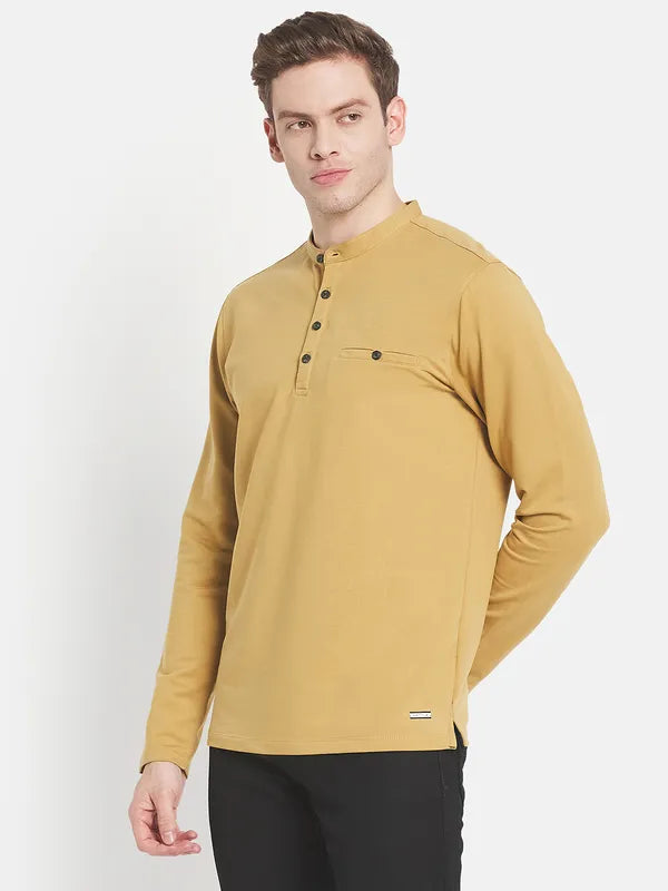 Men Yellow Mandarin Collar T-Shirt