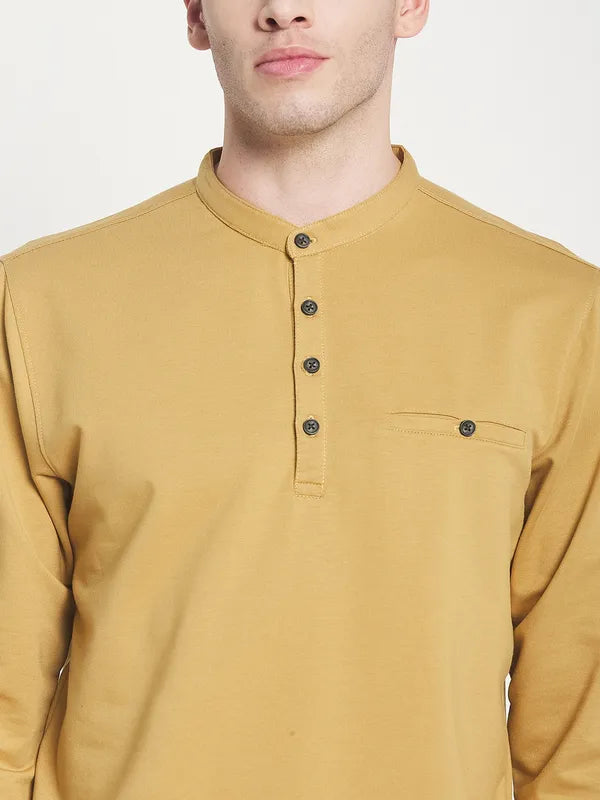 Men Yellow Mandarin Collar T-Shirt