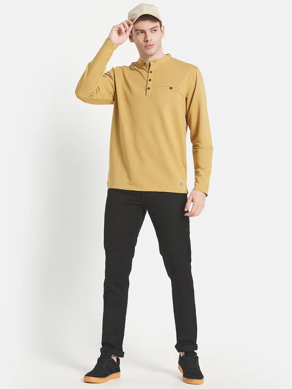 Men Yellow Mandarin Collar T-Shirt