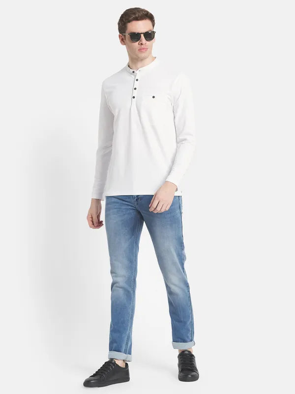 Men White Henley Neck T-Shirt