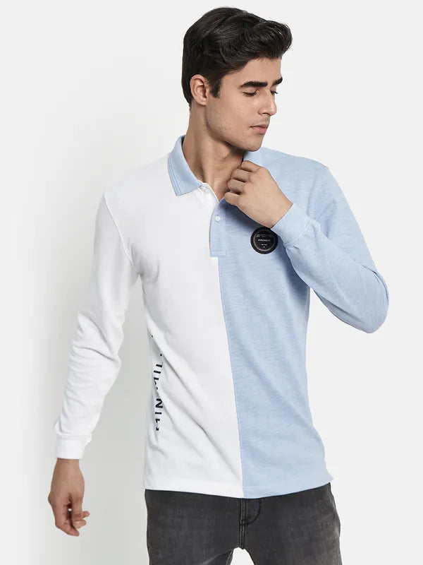 Men Blue White Colourblocked Polo Collar T-Shirt